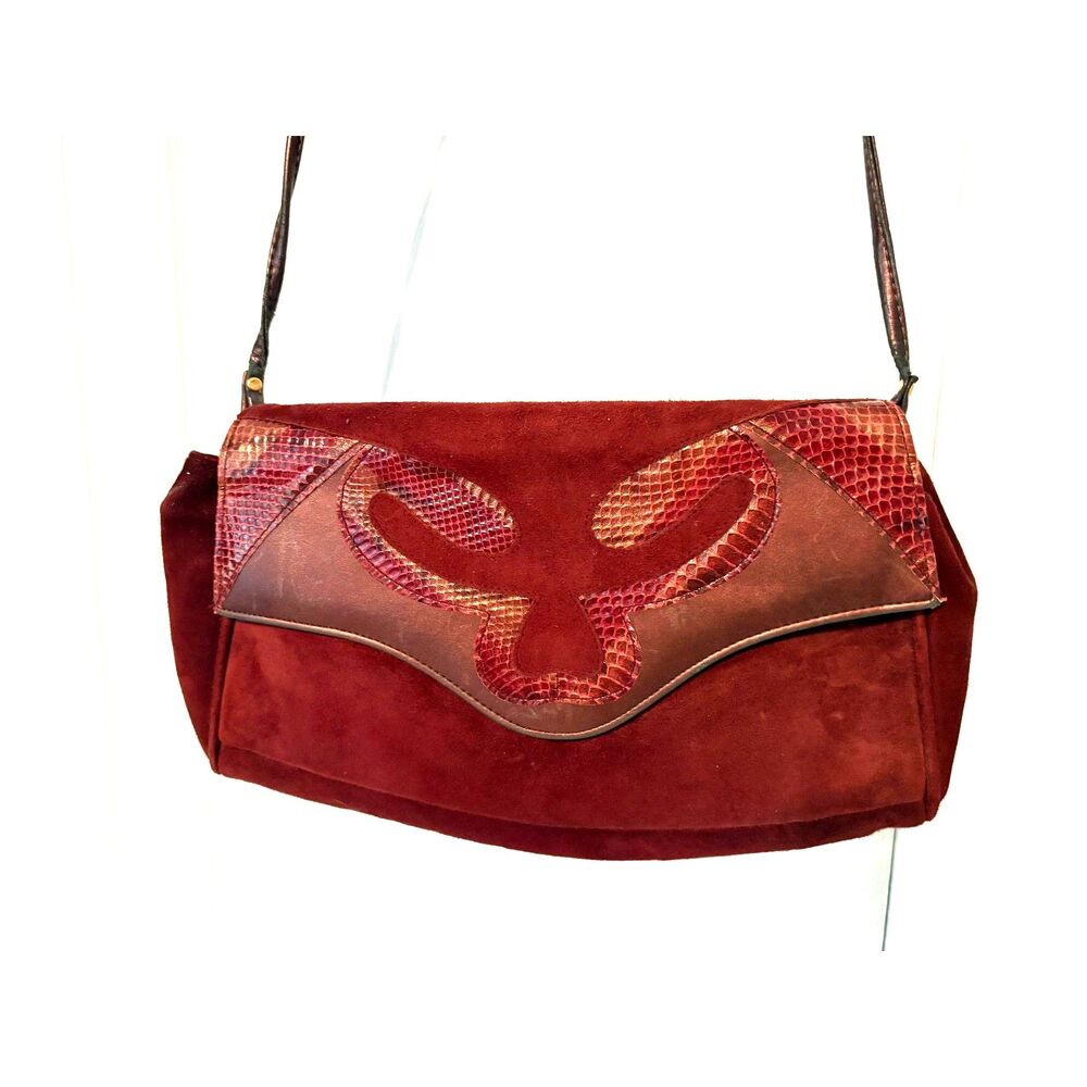 Vintage 80s Burgundy Snakeskin Suede Patchwork Clutch Mob Wife Western Gothic